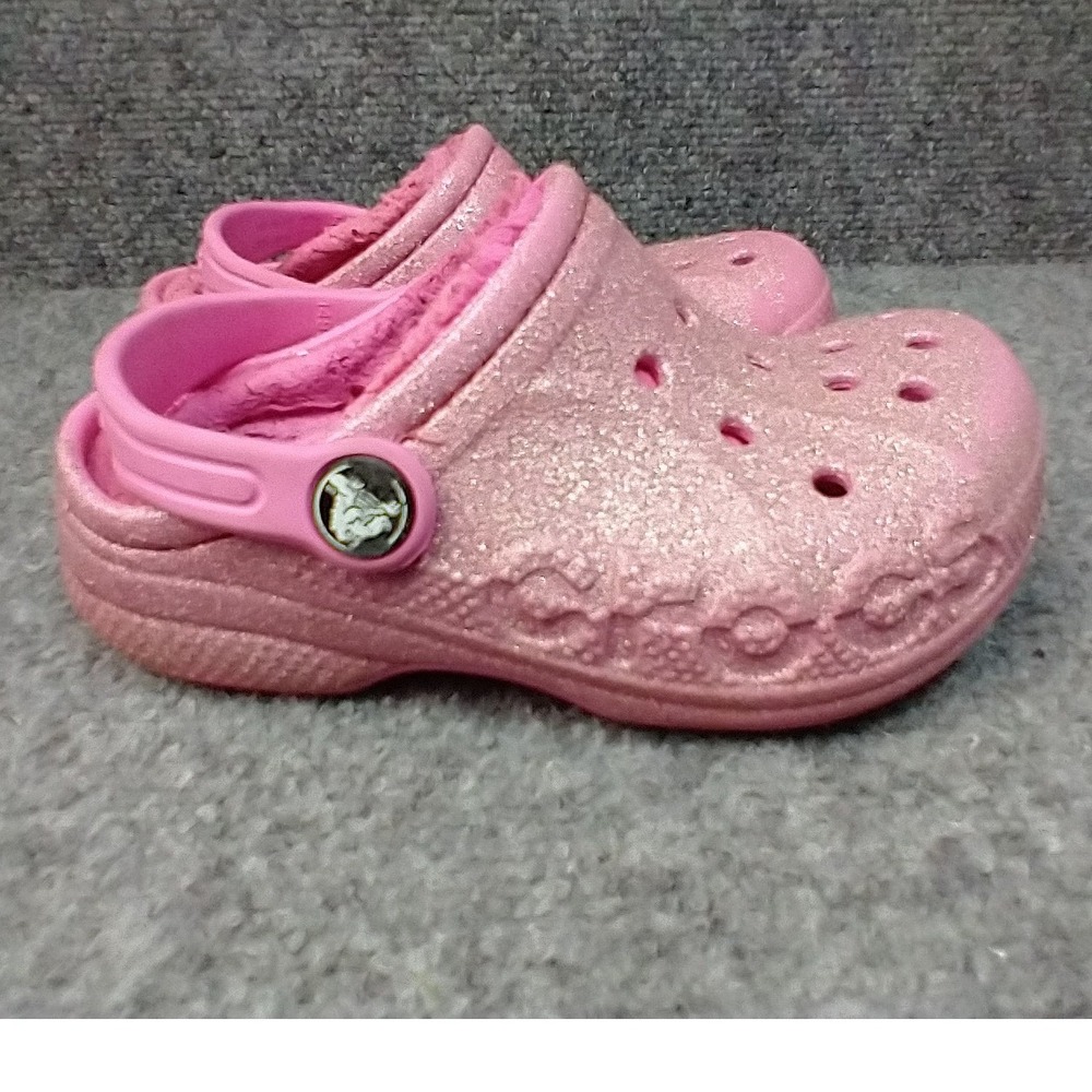 Crocs Kids Classic Lined Glitter Clogs Pink Sparkly Fuzzy Shoes Size C9